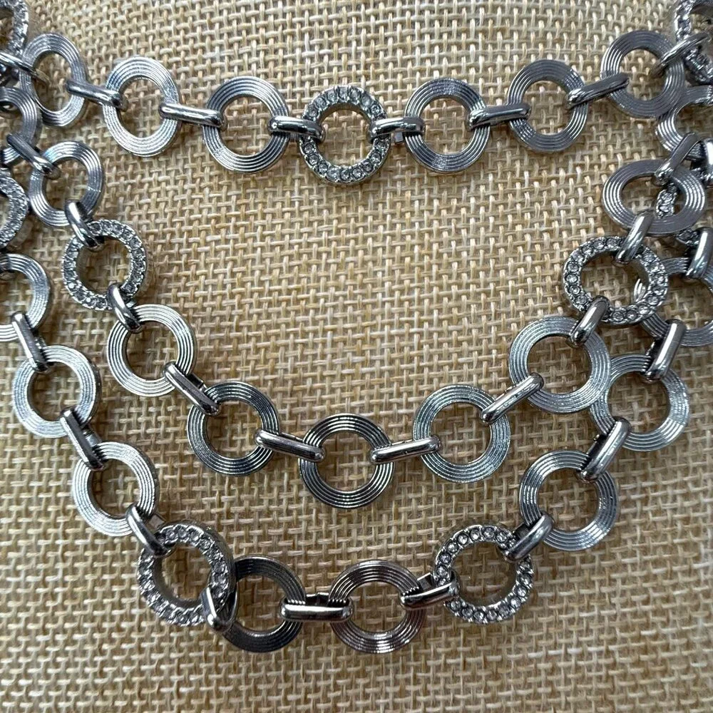 Loft Three-Layer Silver-Tone Necklace With Circular Links‎ & Rhinestone Accents